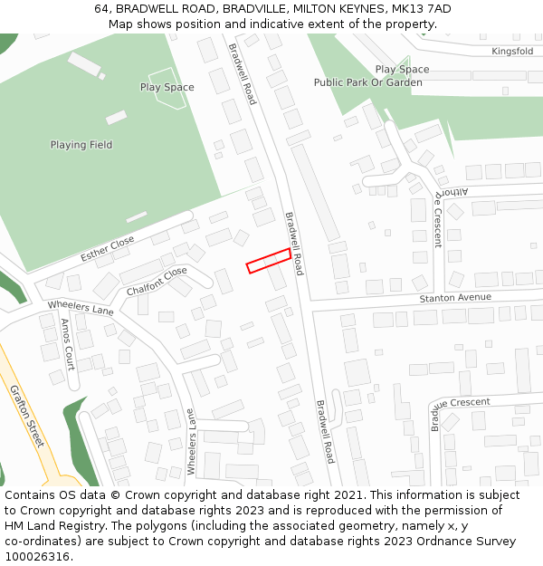 64, BRADWELL ROAD, BRADVILLE, MILTON KEYNES, MK13 7AD: Location map and indicative extent of plot