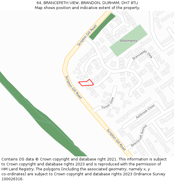 64, BRANCEPETH VIEW, BRANDON, DURHAM, DH7 8TU: Location map and indicative extent of plot