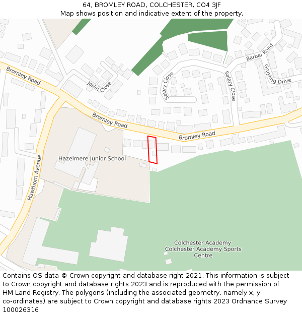 64, BROMLEY ROAD, COLCHESTER, CO4 3JF: Location map and indicative extent of plot