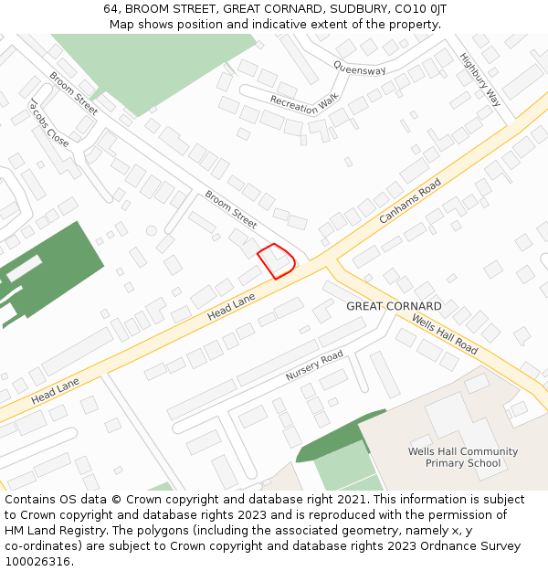 64, BROOM STREET, GREAT CORNARD, SUDBURY, CO10 0JT: Location map and indicative extent of plot