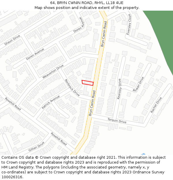 64, BRYN CWNIN ROAD, RHYL, LL18 4UE: Location map and indicative extent of plot