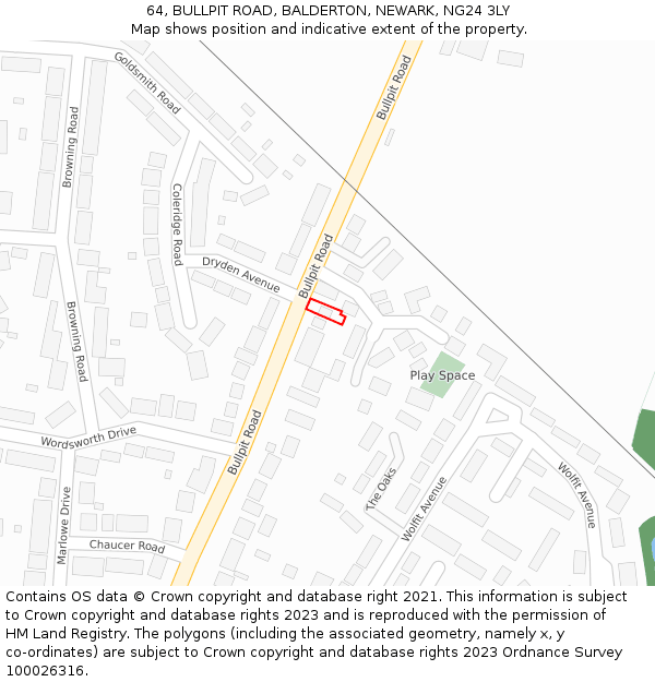 64, BULLPIT ROAD, BALDERTON, NEWARK, NG24 3LY: Location map and indicative extent of plot