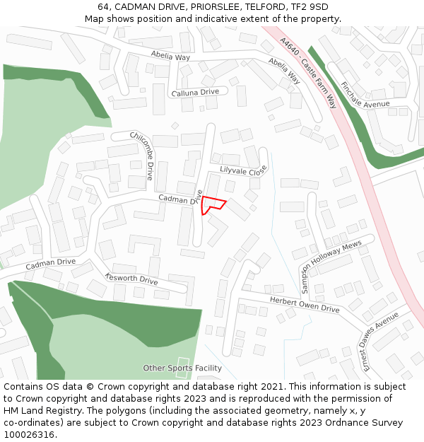 64, CADMAN DRIVE, PRIORSLEE, TELFORD, TF2 9SD: Location map and indicative extent of plot