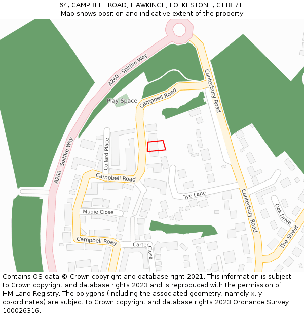 64, CAMPBELL ROAD, HAWKINGE, FOLKESTONE, CT18 7TL: Location map and indicative extent of plot