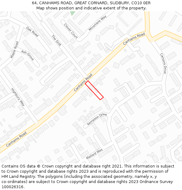 64, CANHAMS ROAD, GREAT CORNARD, SUDBURY, CO10 0ER: Location map and indicative extent of plot