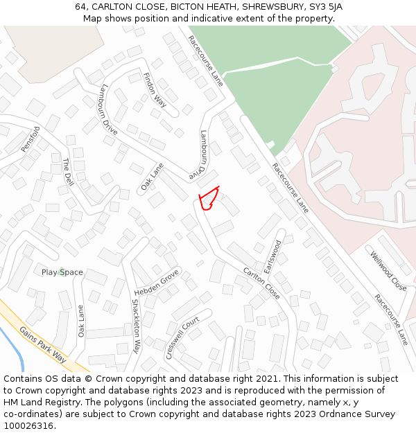 64, CARLTON CLOSE, BICTON HEATH, SHREWSBURY, SY3 5JA: Location map and indicative extent of plot
