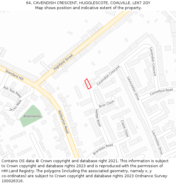 64, CAVENDISH CRESCENT, HUGGLESCOTE, COALVILLE, LE67 2GY: Location map and indicative extent of plot