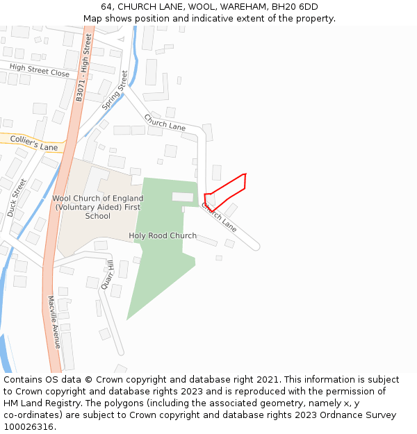 64, CHURCH LANE, WOOL, WAREHAM, BH20 6DD: Location map and indicative extent of plot