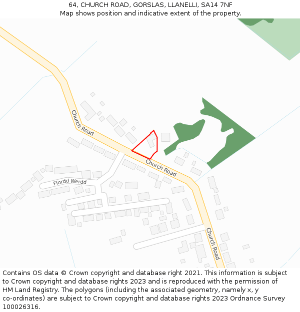 64, CHURCH ROAD, GORSLAS, LLANELLI, SA14 7NF: Location map and indicative extent of plot