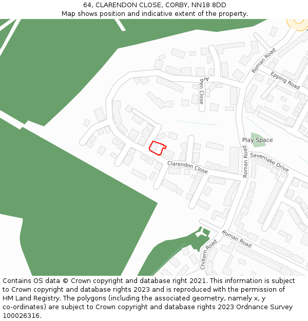 64, CLARENDON CLOSE, CORBY, NN18 8DD: Location map and indicative extent of plot