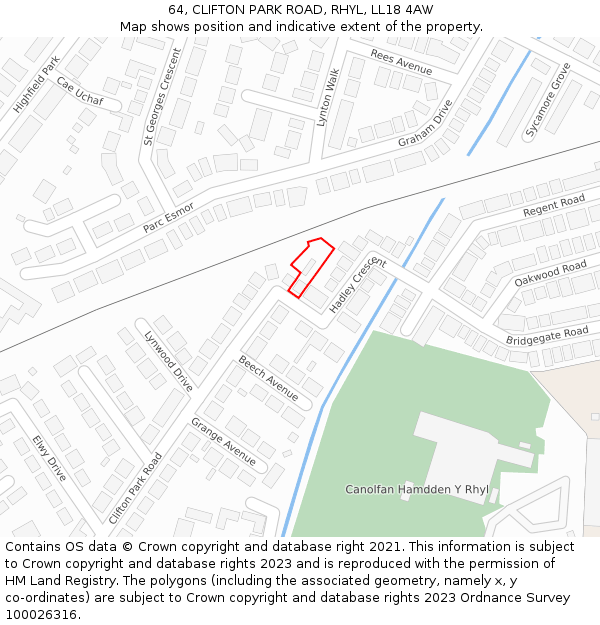 64, CLIFTON PARK ROAD, RHYL, LL18 4AW: Location map and indicative extent of plot