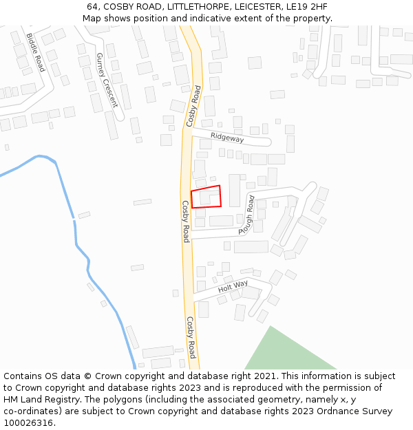 64, COSBY ROAD, LITTLETHORPE, LEICESTER, LE19 2HF: Location map and indicative extent of plot