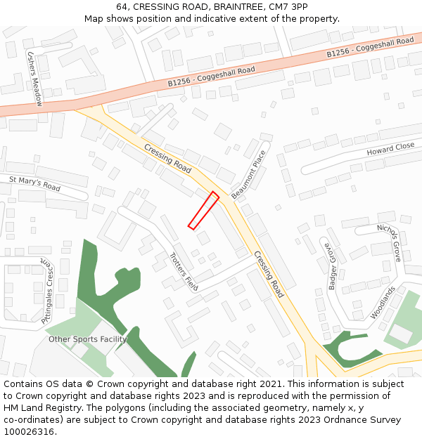 64, CRESSING ROAD, BRAINTREE, CM7 3PP: Location map and indicative extent of plot