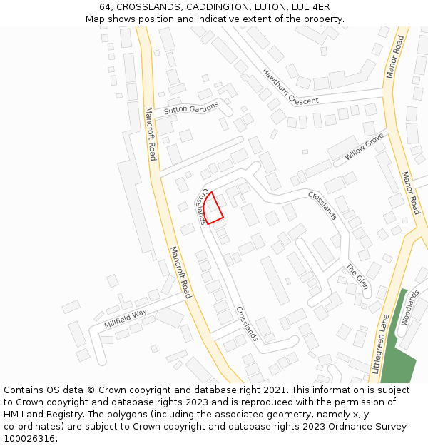 64, CROSSLANDS, CADDINGTON, LUTON, LU1 4ER: Location map and indicative extent of plot