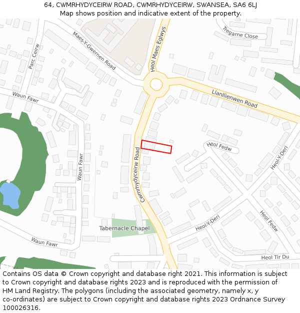 64, CWMRHYDYCEIRW ROAD, CWMRHYDYCEIRW, SWANSEA, SA6 6LJ: Location map and indicative extent of plot