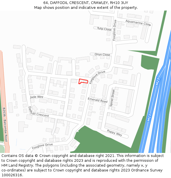 64, DAFFODIL CRESCENT, CRAWLEY, RH10 3UY: Location map and indicative extent of plot