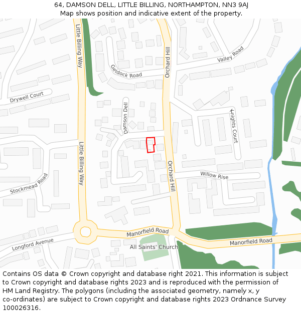 64, DAMSON DELL, LITTLE BILLING, NORTHAMPTON, NN3 9AJ: Location map and indicative extent of plot