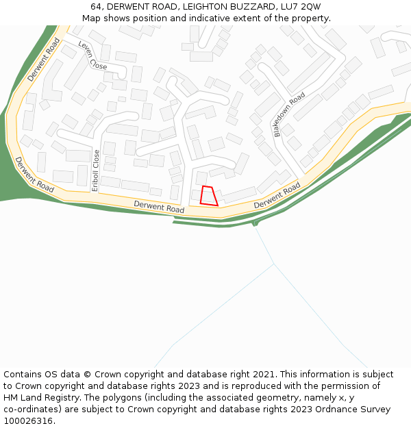 64, DERWENT ROAD, LEIGHTON BUZZARD, LU7 2QW: Location map and indicative extent of plot