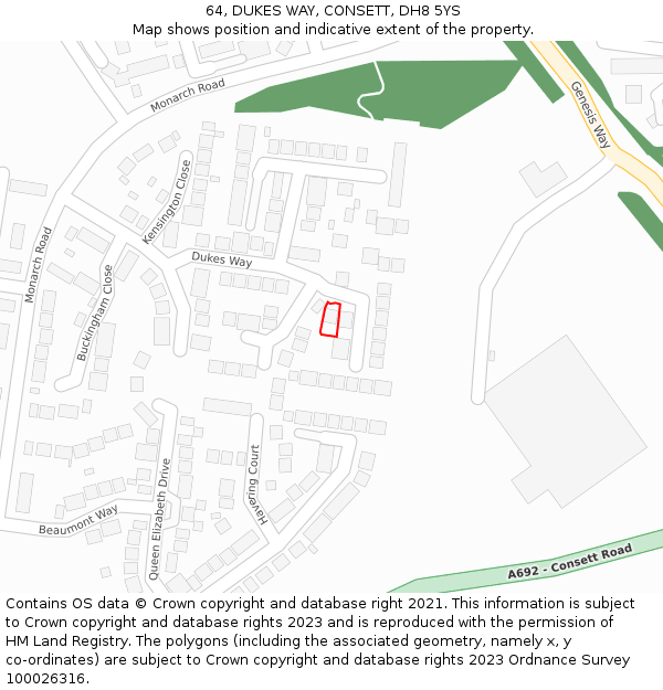 64, DUKES WAY, CONSETT, DH8 5YS: Location map and indicative extent of plot
