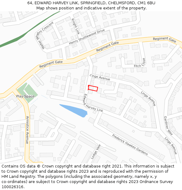 64, EDWARD HARVEY LINK, SPRINGFIELD, CHELMSFORD, CM1 6BU: Location map and indicative extent of plot