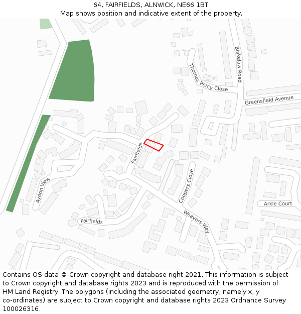 64, FAIRFIELDS, ALNWICK, NE66 1BT: Location map and indicative extent of plot