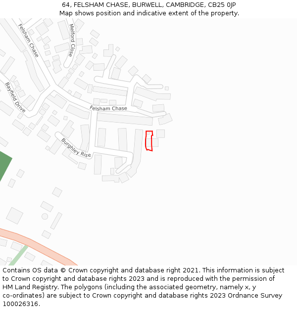 64, FELSHAM CHASE, BURWELL, CAMBRIDGE, CB25 0JP: Location map and indicative extent of plot