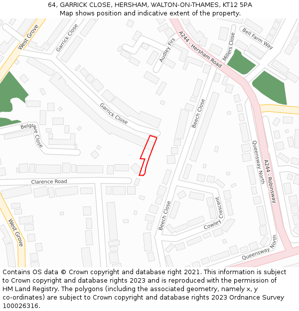 64, GARRICK CLOSE, HERSHAM, WALTON-ON-THAMES, KT12 5PA: Location map and indicative extent of plot