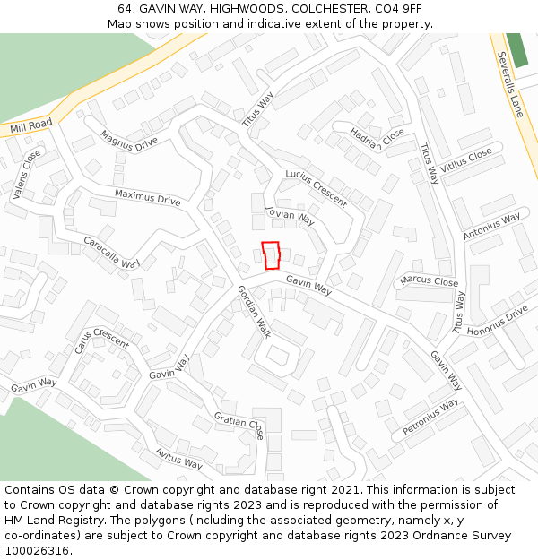 64, GAVIN WAY, HIGHWOODS, COLCHESTER, CO4 9FF: Location map and indicative extent of plot