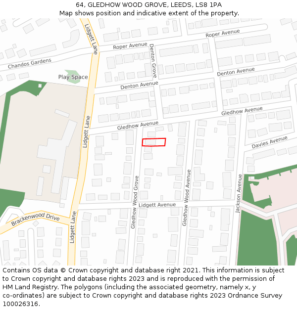 64, GLEDHOW WOOD GROVE, LEEDS, LS8 1PA: Location map and indicative extent of plot