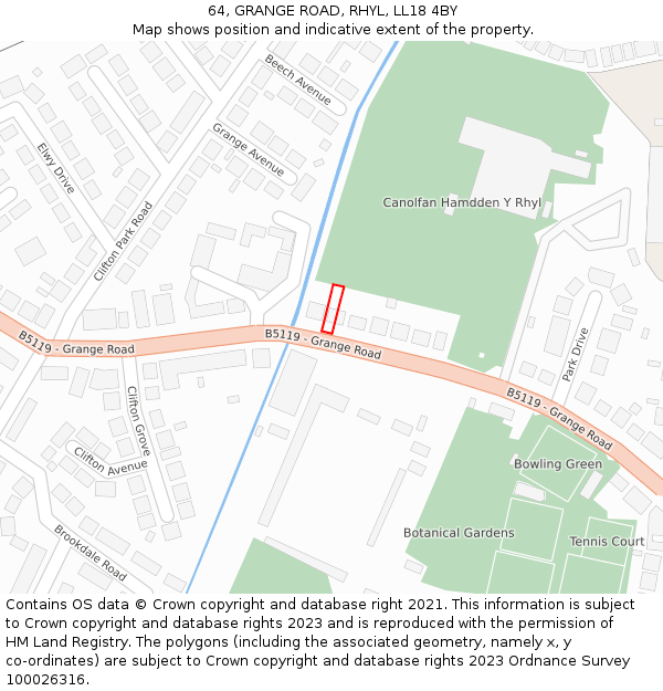 64, GRANGE ROAD, RHYL, LL18 4BY: Location map and indicative extent of plot