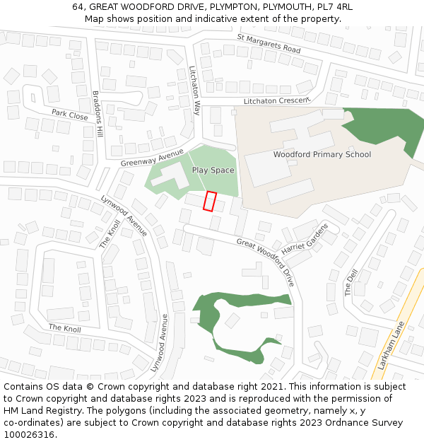 64, GREAT WOODFORD DRIVE, PLYMPTON, PLYMOUTH, PL7 4RL: Location map and indicative extent of plot