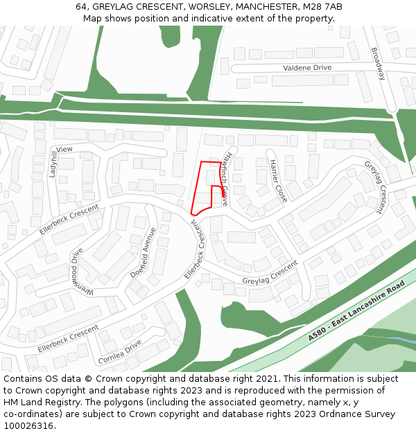 64, GREYLAG CRESCENT, WORSLEY, MANCHESTER, M28 7AB: Location map and indicative extent of plot