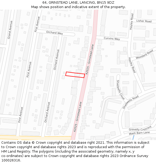 64, GRINSTEAD LANE, LANCING, BN15 9DZ: Location map and indicative extent of plot