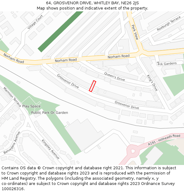 64, GROSVENOR DRIVE, WHITLEY BAY, NE26 2JS: Location map and indicative extent of plot