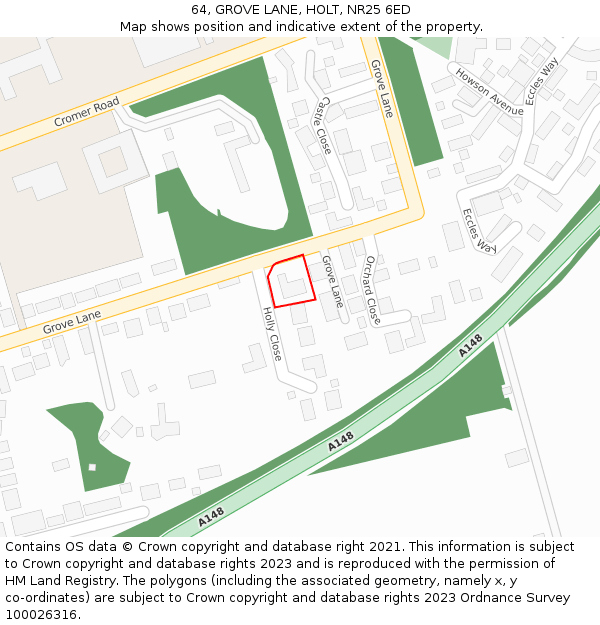 64, GROVE LANE, HOLT, NR25 6ED: Location map and indicative extent of plot