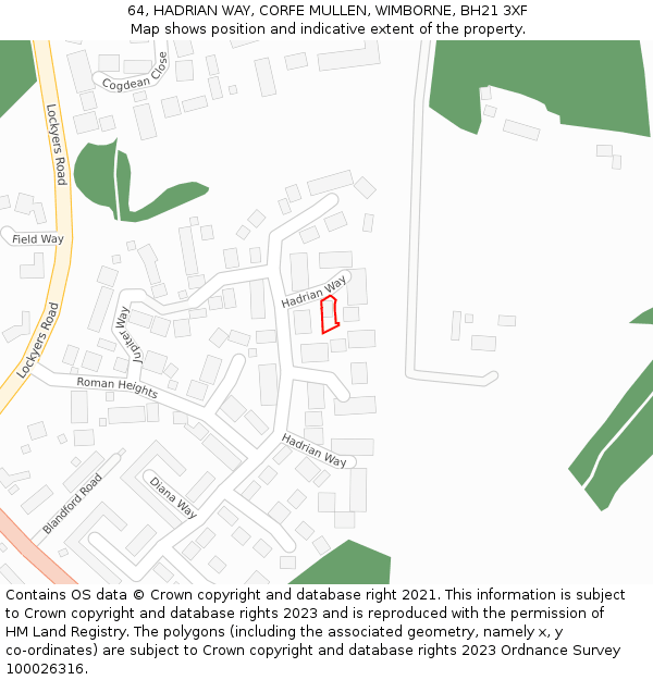 64, HADRIAN WAY, CORFE MULLEN, WIMBORNE, BH21 3XF: Location map and indicative extent of plot