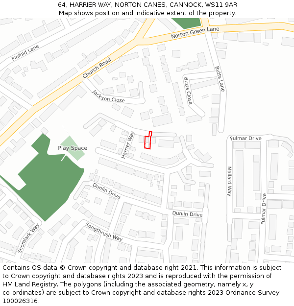 64, HARRIER WAY, NORTON CANES, CANNOCK, WS11 9AR: Location map and indicative extent of plot