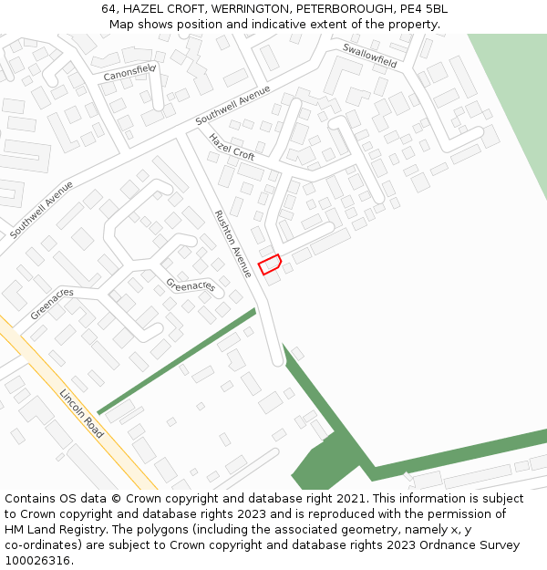 64, HAZEL CROFT, WERRINGTON, PETERBOROUGH, PE4 5BL: Location map and indicative extent of plot