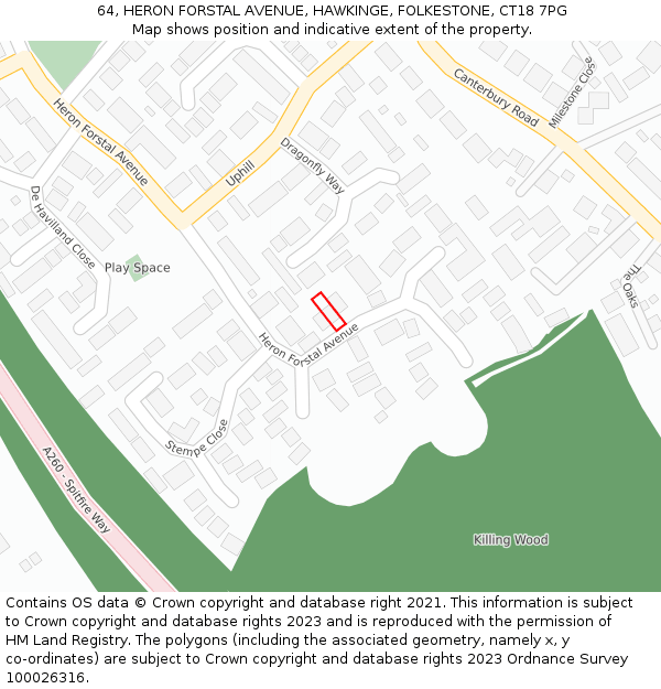 64, HERON FORSTAL AVENUE, HAWKINGE, FOLKESTONE, CT18 7PG: Location map and indicative extent of plot