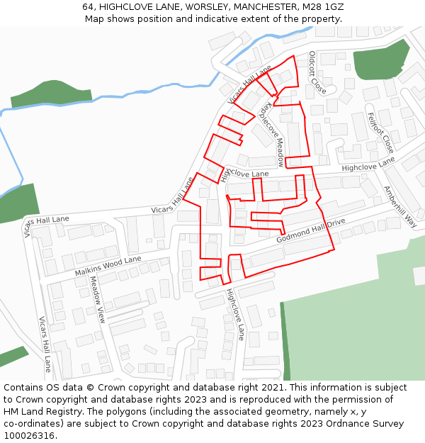 64, HIGHCLOVE LANE, WORSLEY, MANCHESTER, M28 1GZ: Location map and indicative extent of plot