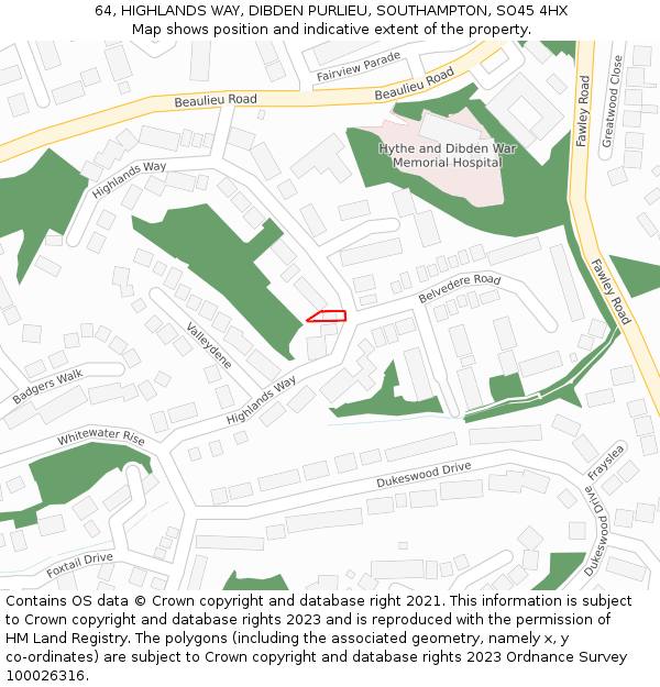 64, HIGHLANDS WAY, DIBDEN PURLIEU, SOUTHAMPTON, SO45 4HX: Location map and indicative extent of plot