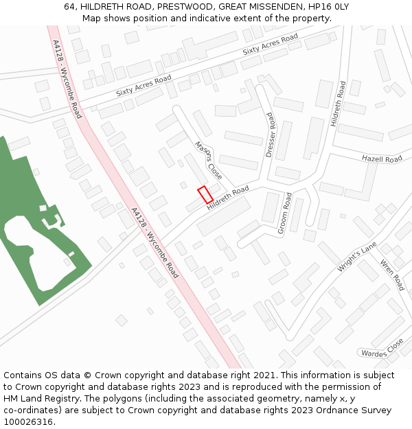 64, HILDRETH ROAD, PRESTWOOD, GREAT MISSENDEN, HP16 0LY: Location map and indicative extent of plot