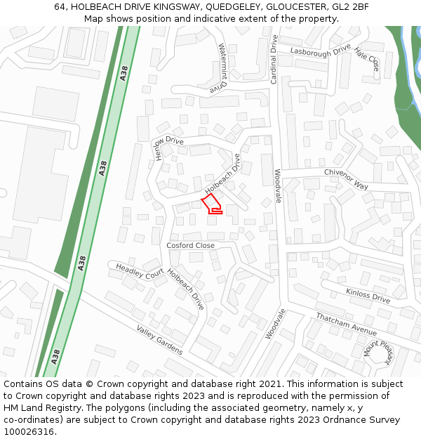 64, HOLBEACH DRIVE KINGSWAY, QUEDGELEY, GLOUCESTER, GL2 2BF: Location map and indicative extent of plot