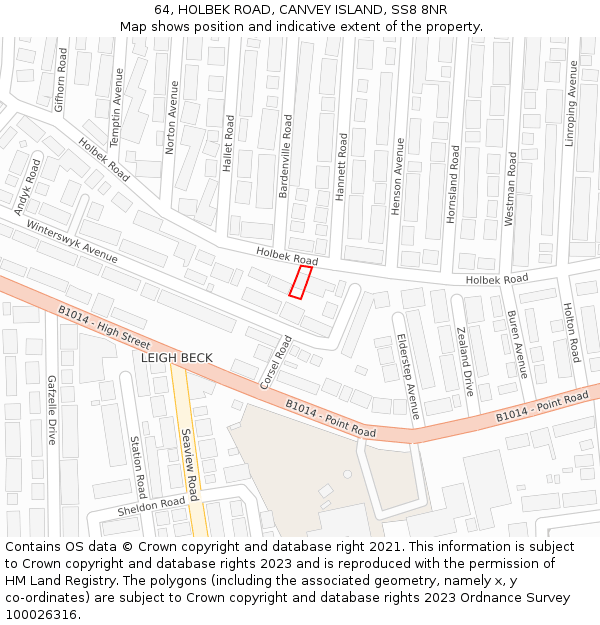 64, HOLBEK ROAD, CANVEY ISLAND, SS8 8NR: Location map and indicative extent of plot