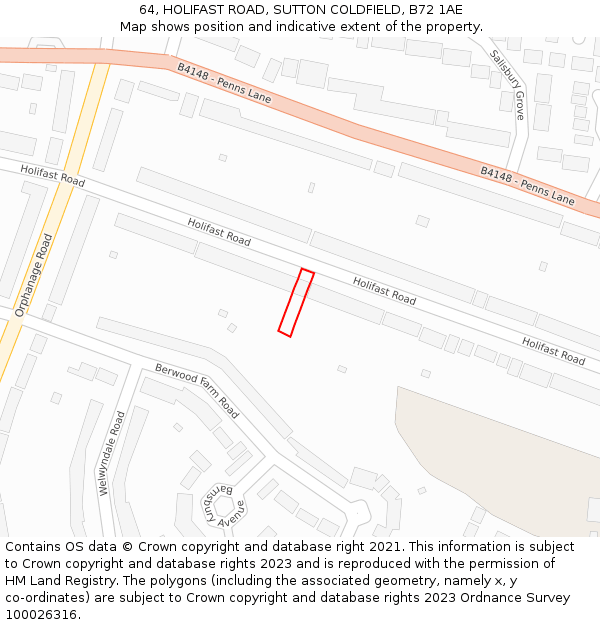 64, HOLIFAST ROAD, SUTTON COLDFIELD, B72 1AE: Location map and indicative extent of plot