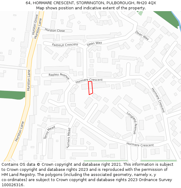 64, HORMARE CRESCENT, STORRINGTON, PULBOROUGH, RH20 4QX: Location map and indicative extent of plot