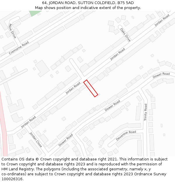64, JORDAN ROAD, SUTTON COLDFIELD, B75 5AD: Location map and indicative extent of plot
