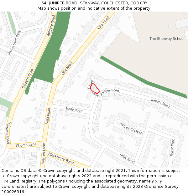 64, JUNIPER ROAD, STANWAY, COLCHESTER, CO3 0RY: Location map and indicative extent of plot