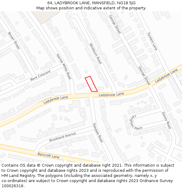 64, LADYBROOK LANE, MANSFIELD, NG18 5JG: Location map and indicative extent of plot