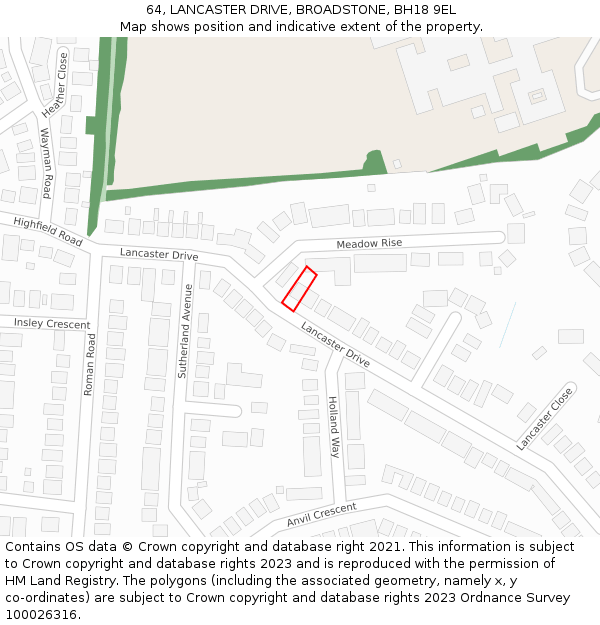 64, LANCASTER DRIVE, BROADSTONE, BH18 9EL: Location map and indicative extent of plot